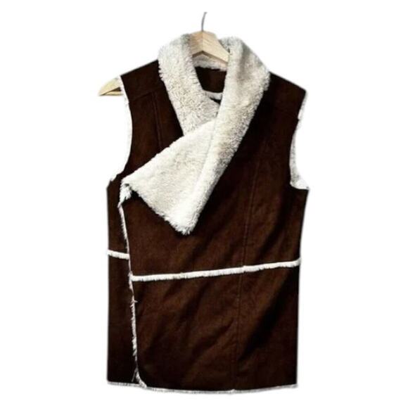 Brown Faux Suede Sherpa Vest – Boho Western Sleeveless Women’s Medium - Picture 2 of 4